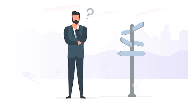 entrepreneur chooses path businessman is thinking near direction indicator vector 174639 96